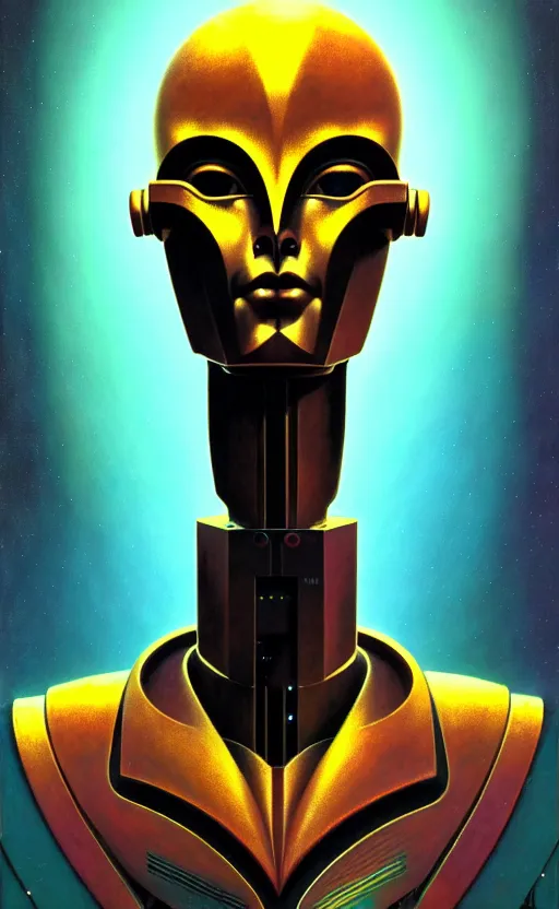 Prompt: friendly humanoid robot, art deco, portrait bust, symmetry, faded colors, exotic alien features, cypherpunk background, tim hildebrandt, wayne barlowe, bruce pennington, donato giancola, larry elmore, masterpiece, trending on artstation, featured on pixiv, cinematic composition, beautiful lighting, sharp, details, hyper detailed, 8 k, unreal engine 5