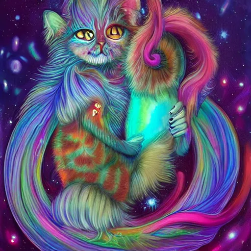 Prompt: long haired androgynous cat seahorse fusion covered in fur, autistic bisexual graphic designer, weirdcore voidpunk fursona, coherent detailed painterly character design turnaround, digital art by delphin enjolras, wlop, louis wain, lisa frank, furaffinity, cgsociety, trending on deviantart