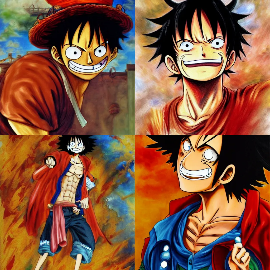 Prompt: Luffy Anime One piece (1999) as realistic oil painting, style of Italian Renaissance