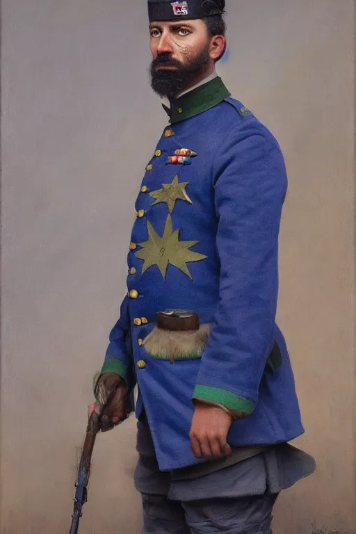 Image similar to battle portrait of the dictator of the minnesota timberwolves, 1 8 8 9, in full military garb, midnight blue, lake blue, aurora green, moonlight grey, oil on canvas by william sidney mount, trending on artstation