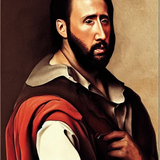 Image similar to paint portrait on canvas ofnicolas cage caravaggio style 4 k