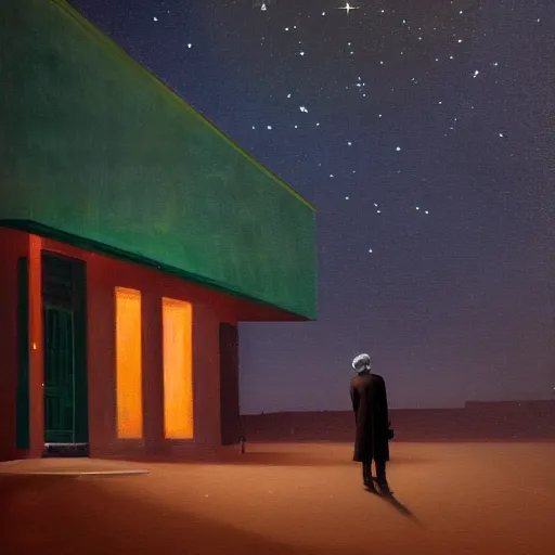 Image similar to a portrait painting of a lonely man with a skull as his head waiting for the bus at night, green dramatic and cinematic light from the streetlight, the sky is full of stars, in the style of edward hopper, 4 k,