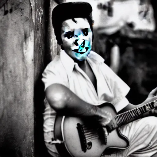 Prompt: Elvis Presley in a slum in Mumbai, XF IQ4, 150MP, 50mm, F1.4, ISO 200, 1/160s, natural light