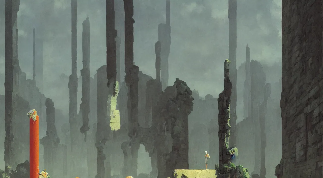 Image similar to single flooded crumbling pillar, very coherent and colorful high contrast!! masterpiece by rene magritte simon stalenhag carl spitzweg syd mead norman rockwell edward hopper james gilleard, minimalist, dark shadows, sunny day, hard lighting