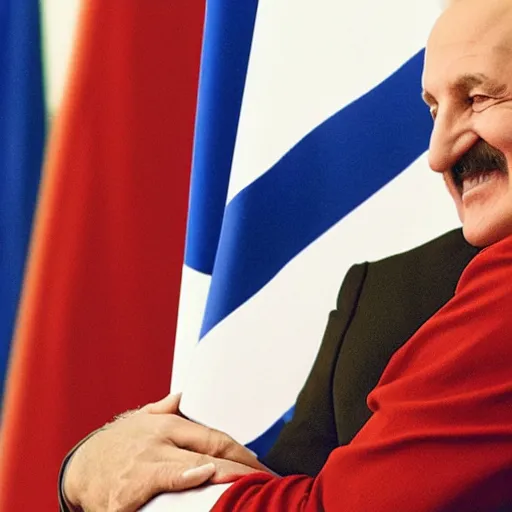 Image similar to Lukashenko happily hugging a white-red-white flag, film still, high detail