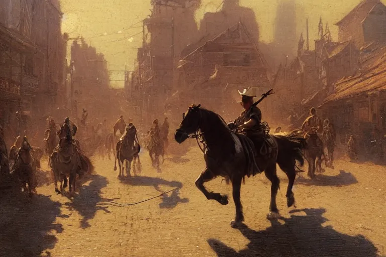 Prompt: rugged sheriff riding his horse through a busy old - west town, detailed, volumetric lighting, cinematic, in the style of fredrick remington, gaston bussiere