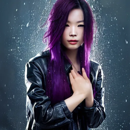 Image similar to photo of a gorgeous wet asian female with long dark purple hair in the style of stefan kostic, realistic, cyberpunk, leather jacket, aviators, mask, nighttime, rain storm, body shot, sharp focus, 8 k high definition, insanely detailed, intricate, elegant, art by stanley lau and artgerm, floating embers