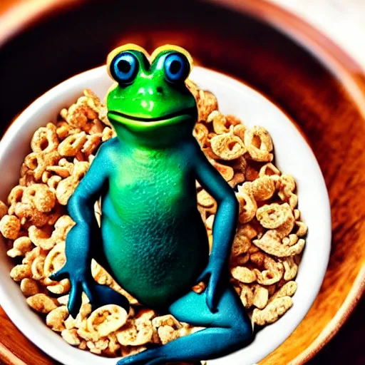 Image similar to Alex Jones eating a bowl of cereal filled with frogs. Photographic quality.