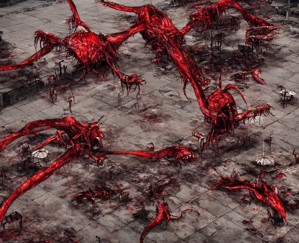 Image similar to Giant mosquito monster flying in the plaza of the ruined city. Drops of blood and meat with kidneys, tumors, capillaries and lungs on the asphalt of the plaza. Ruins. Dark and red colors, high detail, hyperrealism, horror art, 8k