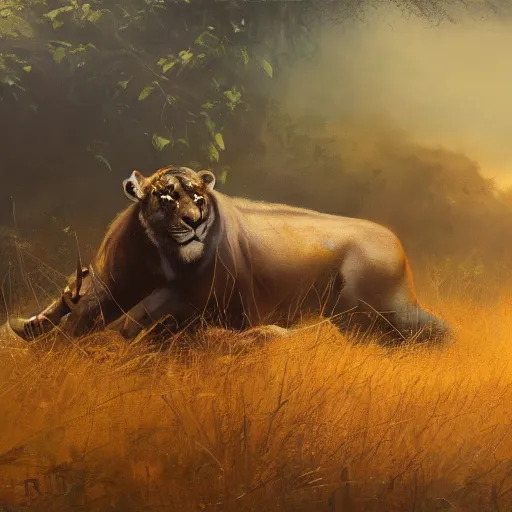 Prompt: manticor in the savanna, oil painting, by Greg Rutkowski