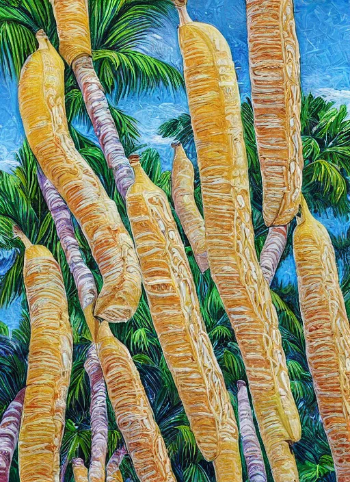 Image similar to baguettes grow instead of bananas on a palm tree, intricately detailed acrylic painting