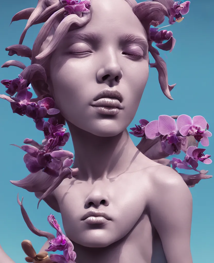 Image similar to goddess full painted acryllic sculpture close-up portrait. orchid bird betta fish, intricate artwork by Tooth Wu and wlop and beeple. octane render, trending on artstation, greg rutkowski very coherent symmetrical artwork. cinematic, hyper realism, high detail, octane render, 8k