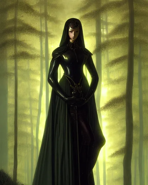 Image similar to nocturne, glowing, stars, a portrait of a female wood ranger, tall and thin, highly detailed, mysterious, ethereal, wearing elegant black leather armor, dark forest, illustration, painting, dramatic lighting, by edmund blair leighton, brom, charlie bowater, faces by otto schmidt