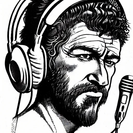 Image similar to drawn in the style of jean giraud!! rackham the red wearing headphones and speaking into big microphone, podcast studio