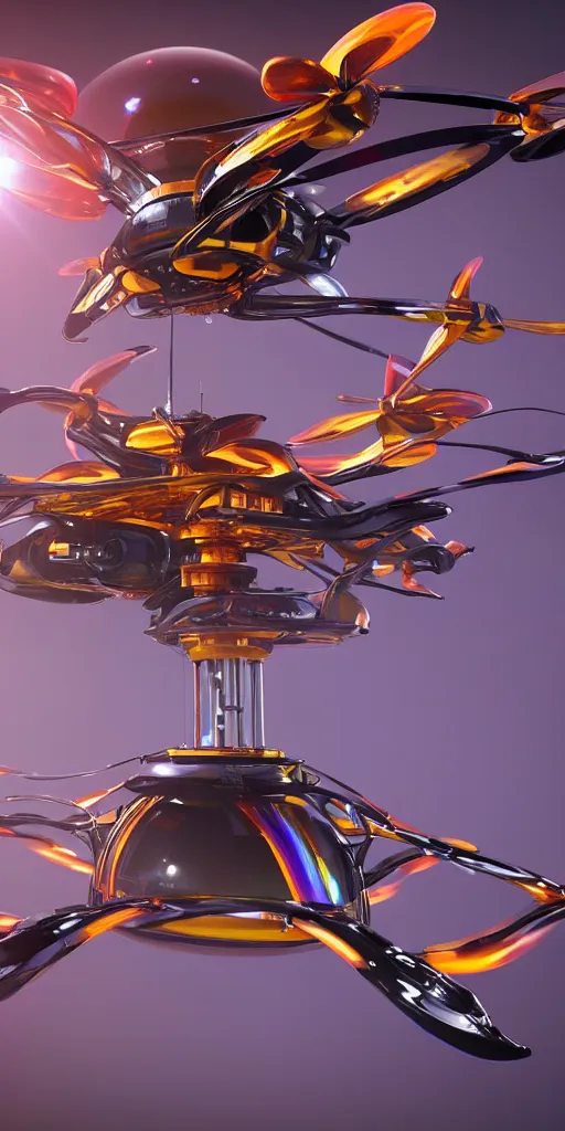 Prompt: futuristic multi rotor helicopter with plasma engine, 4 k, hyper realistic, coherent design, symmetrical, vivid colour, complementary colour, golden ratio, detailed, sharp lines, intricate, rainbow shift, in unreal 3 d engine, ray tracing, octane render