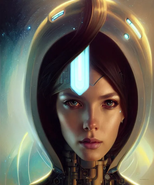 Image similar to futuristic android portrait, sci-fi, amber eyes, face, long hair, fantasy, intricate, elegant, highly detailed, digital painting, artstation, concept art, smooth, sharp focus, illustration, art by artgerm and greg rutkowski and alphonse mucha