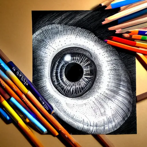 Image similar to hyper realistic pencil drawing of the human eye in the shape of snail shell, space background, unlimited detail, colored, space, dragon, intricate, detail, phoenix, orange