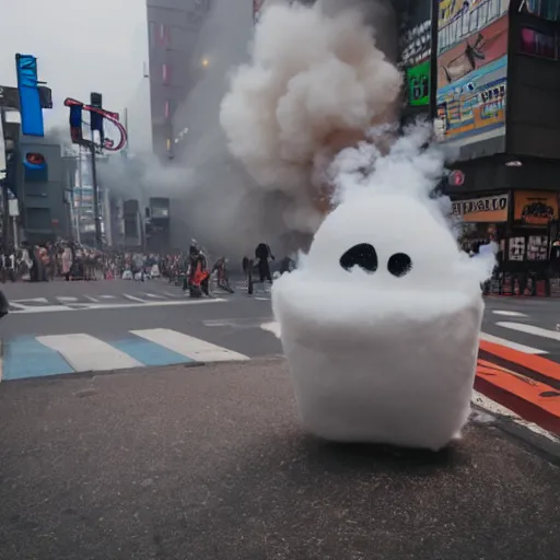 Image similar to marshmellow man in tokio, rampage , chaos in the streets, movie setup, pyro, 8k