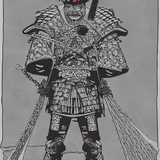 Prompt: samurai under wrapped in chains under a full moon ,ink art In the style of Moebius drawing
