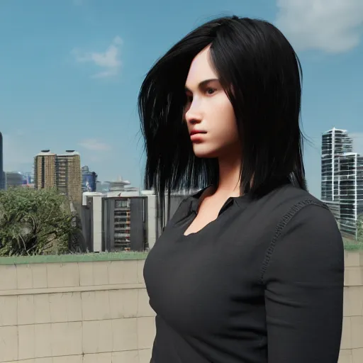 Prompt: « attractive, middle length hair, black hair, girl, photorealistic, unreal engine 5, highly detailed, sharpe focus, front view, ghost in the ´, building skyscraper in the background »