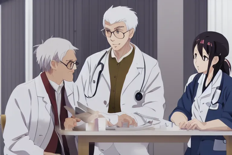 Prompt: a cute young female doctor wearing white coat are talking with an old surgeon in a hospital, slice of life anime, lighting, 8 k, hd, anime scenery by makoto shinkai