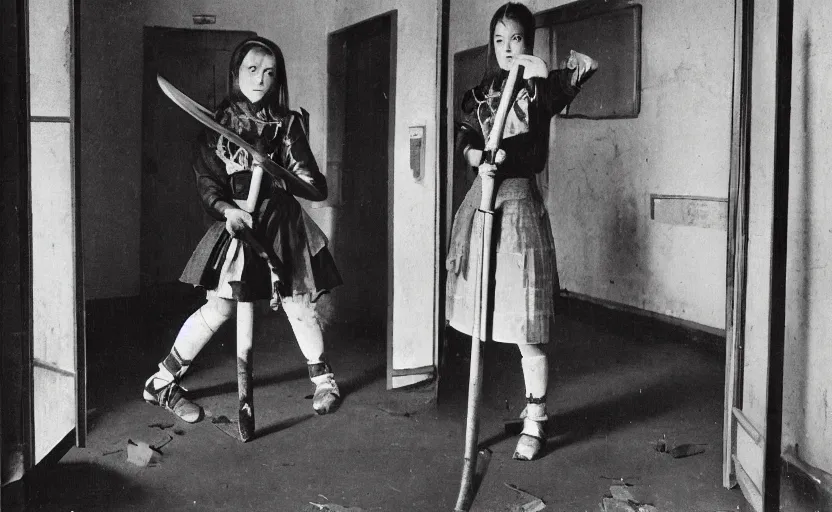 Prompt: School girl holding a katana and standing on an abandoned hospital room, by Salvador Dali