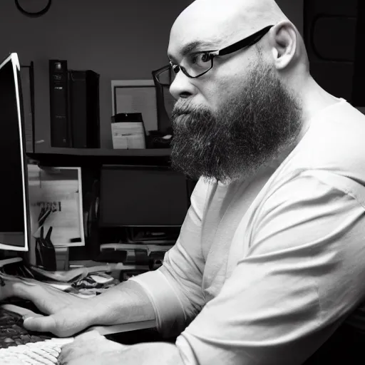 Image similar to dystopian photo of a slim, bald, middle aged man with a short beard and sleeve tattoos, he is sitting at a desk with a pc in a dark room, atmospheric, darkness, glowing screen, crisp detail, medium distance, office cubicles, by paolo pellegrin