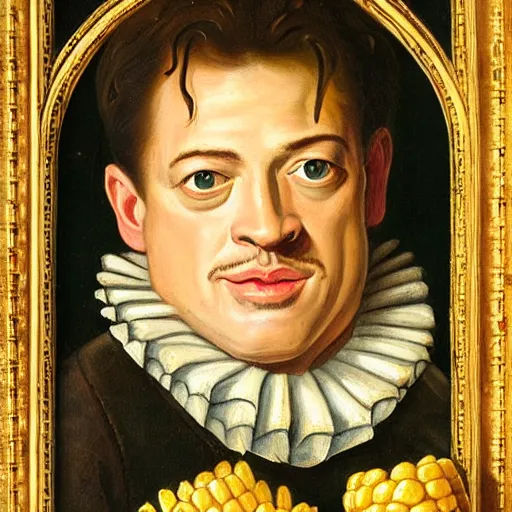 Image similar to a 1 6 0 0 s portrait painting of brendan fraser holding corn, intricate, elegant, highly detailed