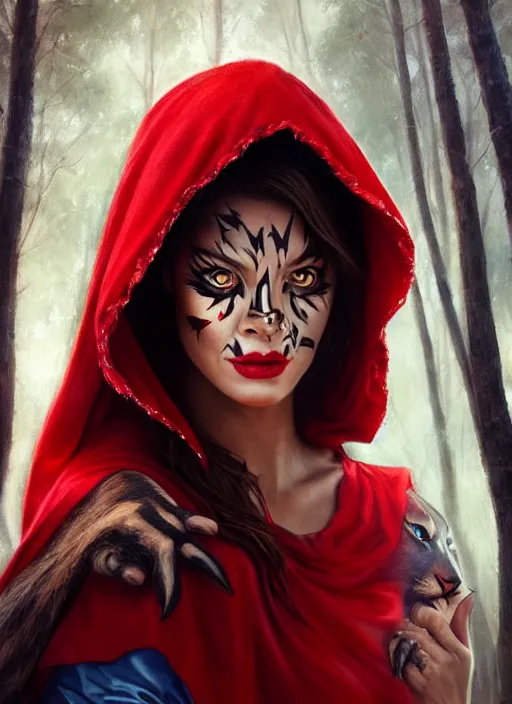 Image similar to photo of a gorgeous Beautiful face Portrait of Little Red Riding Hood with a lightning panther, face painting, woman in the style of stefan kostic, wild, realistic, sharp focus, 8k high definition, insanely detailed, intricate, elegant, art by stanley lau and artgerm