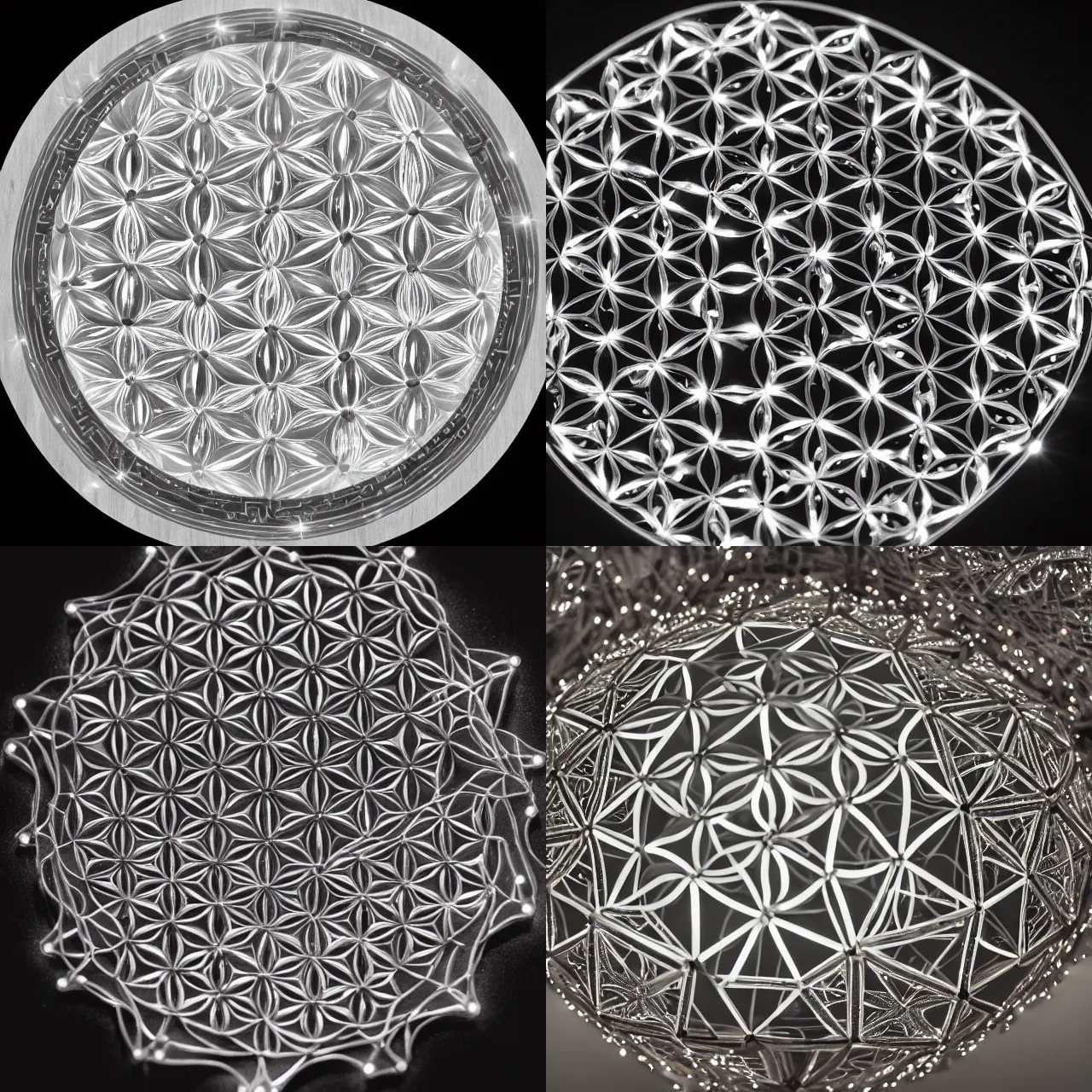 Prompt: a studio photograph of a high - tech intricate engraved chrome flower of life with leds and stylized jewel inlays, xf iq 4, 1 5 0 mp, 5 0 mm, f 1. 4, iso 2 0 0, 1 / 1 6 0 s, natural light, adobe lightroom, photolab, affinity photo, photodirector 3 6 5