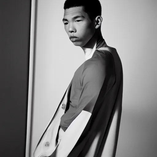 Prompt: realistic! photoshoot for a new balenciaga lookbook, color film photography, portrait of a beautiful asian model, photo in style of tyler mitchell, 35mm