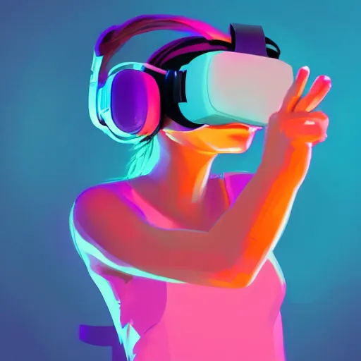 Image similar to digital art of a woman playing with a vr headset in a cyan and purple lit room greg rutkowski style