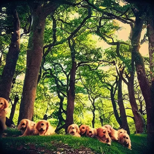 Image similar to “ an army of golden retrievers, looking up at the sky. beautiful woodlands, 4 k ”