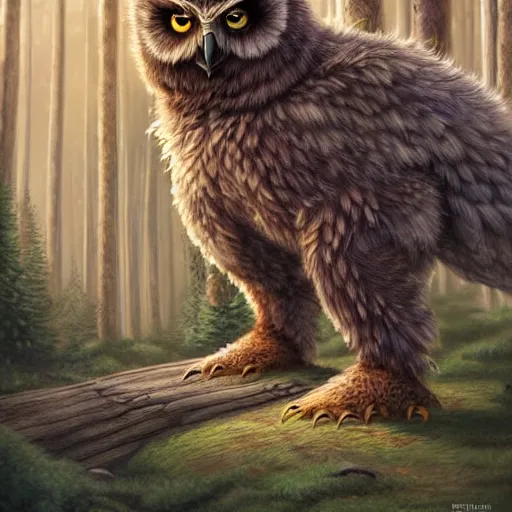 Prompt: three quarter portrait of an owlbear in the forest, d & d, fantasy, magali villeneuve,