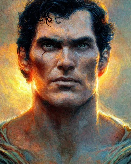 Image similar to superman emerging from the sun, highly detailed face, intricate, deep focus, elegant, orange yellow ethereal, horror, fantasy art by greg rutkowski and magali villeneuve and claude monet