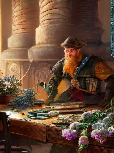 Image similar to a magical male socerer, working in a table full of artifacts. weeds anf flowers growing on the floor. intricate, elegant, highly detailed, digital painting, artstation, concept art, sharp focus, illustration, by justin gerard and artgerm, 8 k