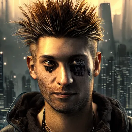 Image similar to cyberpunk, closeup portrait of a shaggy cyberpunk junkie in his 2 0 s, eye bags, three day stubble, ex junkie, dramatic light, city background, sunset, dystopian setting, high contrast, sharp, neuromancer, henry dorsett case, painted by stanley lau, painted by greg rutkowski, painted by stanley artgerm, digital art, trending on artstation