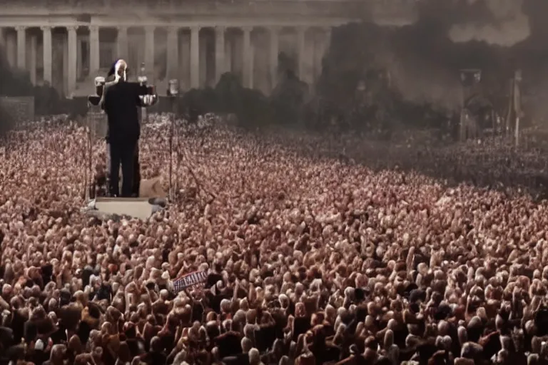 Prompt: vfx movie angry yelling pigman president of the united states speaking at podium on stage. by emmanuel lubezki