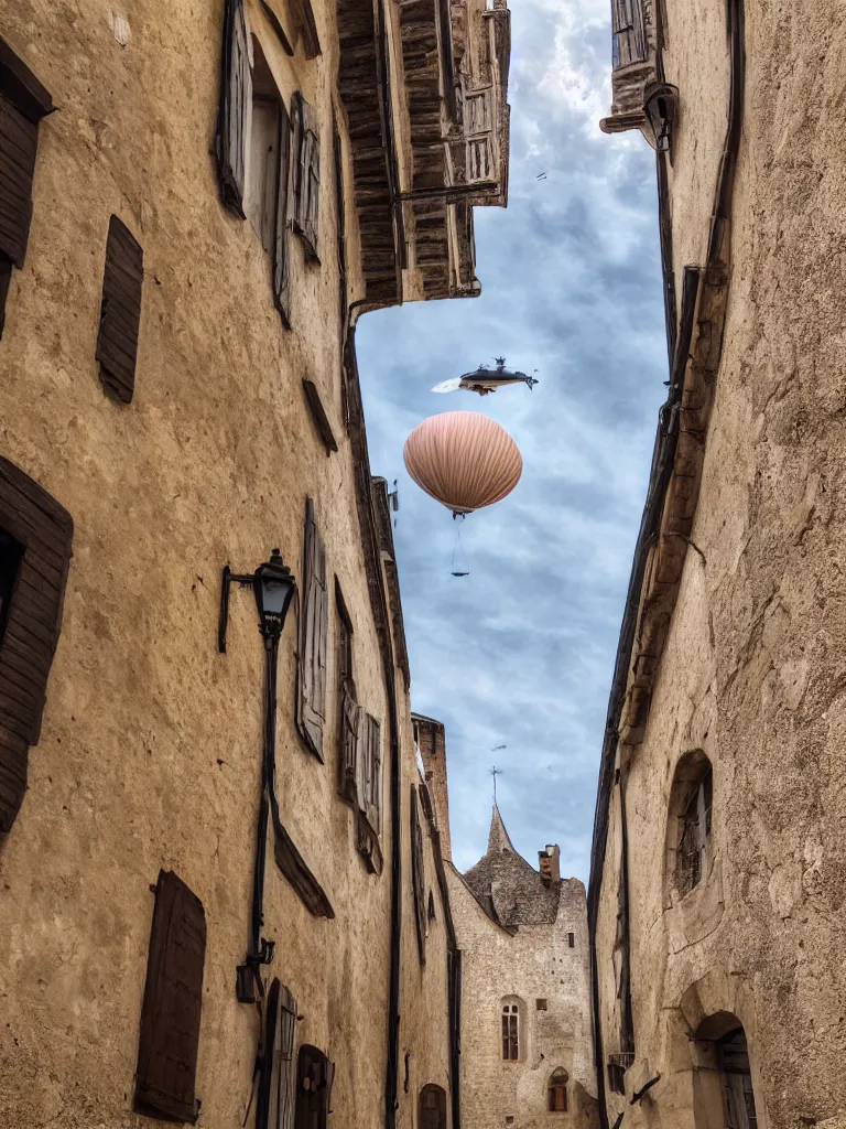 Image similar to painting, photography of a an alien spaceship over the sky in a medieval old city in france