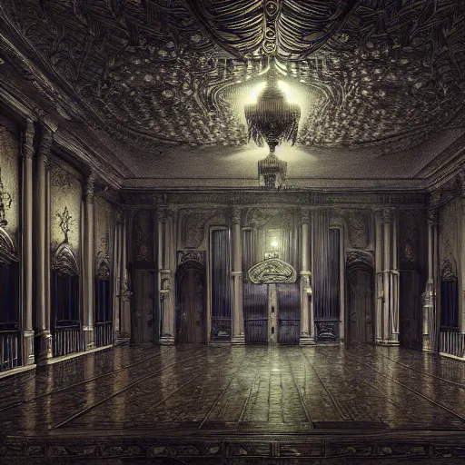 Prompt: Photorealistic Haunted Ballroom in the style of Michael Whelan and Gustave Dore. Hyperdetailed photorealism, 108 megapixels, amazing depth, glowing rich colors, powerful imagery, psychedelic Overtones, 3D finalrender, 3d shading, cinematic lighting, artstation concept art