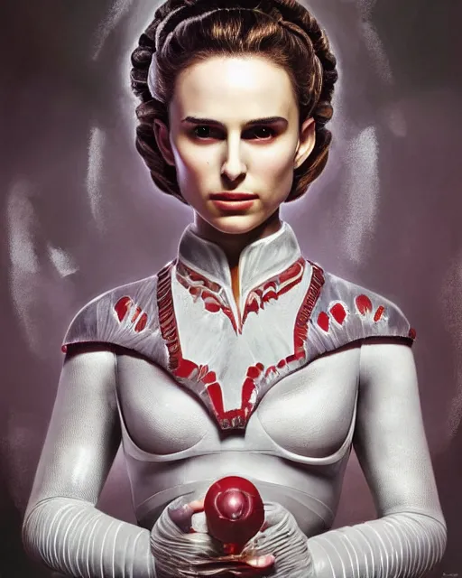 Prompt: nathalie portman as padme amidala wearing a risque outfit made from splashes of milk, half body portrait, greg kutkowski, sharp details, soft lighting, subsurface scattering, pearls of sweat, glistening skin, warm lighting