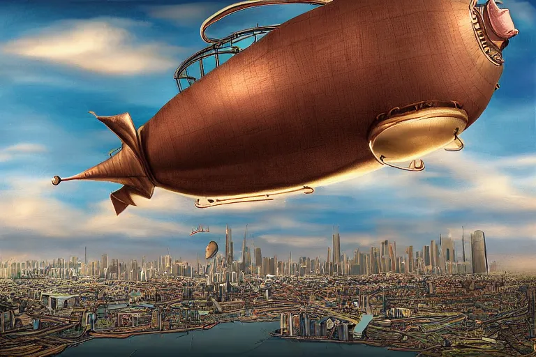 Prompt: a blimp in the shape of a pig, steampunk, digital art, extremely detailed, flying over a city