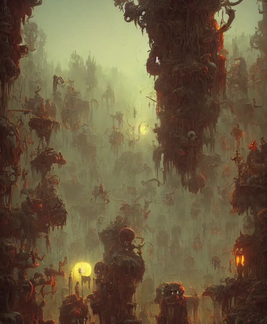 Image similar to skull clown afterlife, illustrated by Simon Stålenhag and Gaston Bussiere, 35mm lens, rule of third, beautiful volumetric-lighting-style atmosphere, intricate, ultra detailed, photorealistic imagery, trending on artstation, 4k, 8k