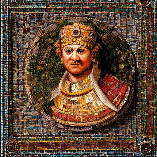 Prompt: incredibly beautiful, colorful, graceful, elegant, and sophisticated, detailed majestic portrait of ancient roman emperor probus in zeugma mosaic, made by rembrandt, many small and colorful stones, extreme detail, grapevines and vine foliage details