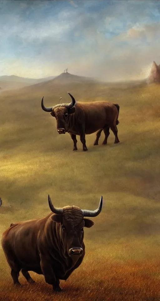 Prompt: a medium shot of a giant bull with horns decorated!!! with bells and ribbons, background is the spiral stairs heading to sky, in the steppe, autumn field, misty background, from the game pathologic 2, highly detailed, sharp focus, matte painting, by rosa bonheur, by isaac levitan and asher brown durand,