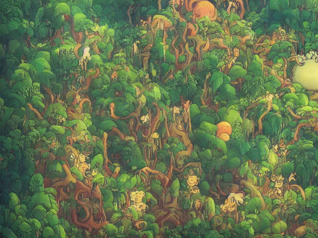 Prompt: A beautiful painting of a jungle, in the style of Howl\'s moving castle