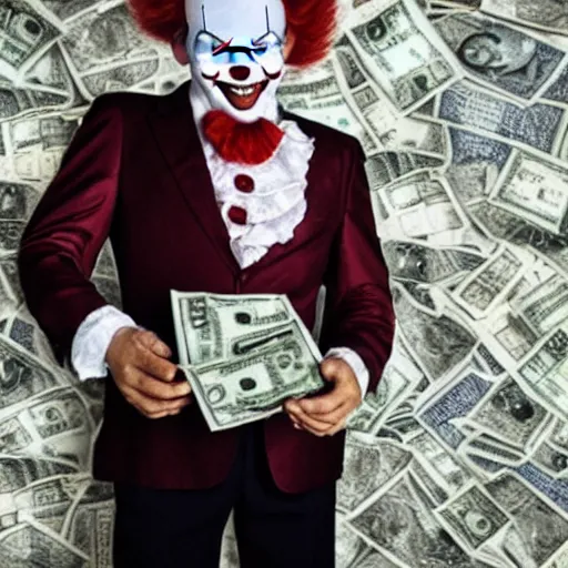 Image similar to Pennywise the clown wearing a suit and holding a stash of banknotes in his hands, full body shot