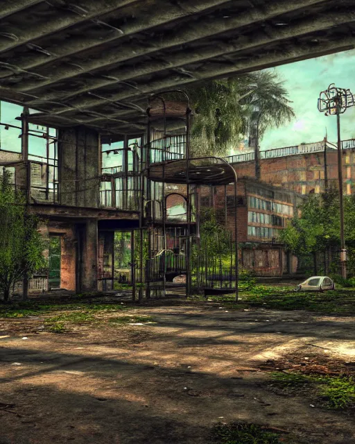 Prompt: a beautiful photorealistic highly detailed city playground abandoned unfinished building building nature industrial architecture architecture urbex by john constable, apocalyptic nature scumm bar galactic retrowave vice city, archdaily, wallpaper, highly detailed, trending on artstation.