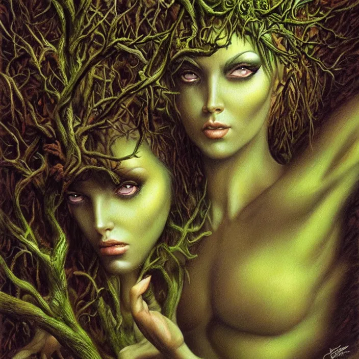 Image similar to female dryad, dark forest, surreal, nature, light shining through, hyper - realistic, highly detailed, sharp focus, smooth, intricate, boris vallejo art style