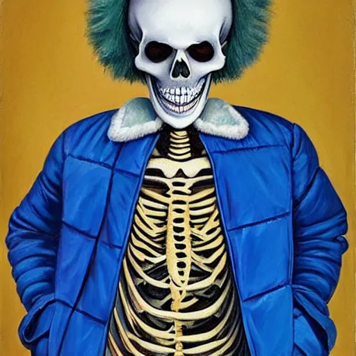 Prompt: wide head skeleton wearing blue puffy jacket, classic painting